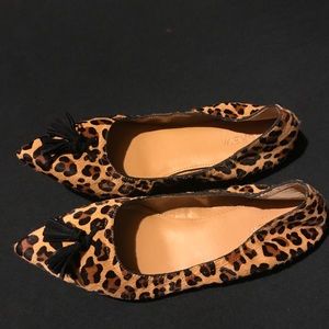 JCrew calf hair tassel stretch leopard flats 9m